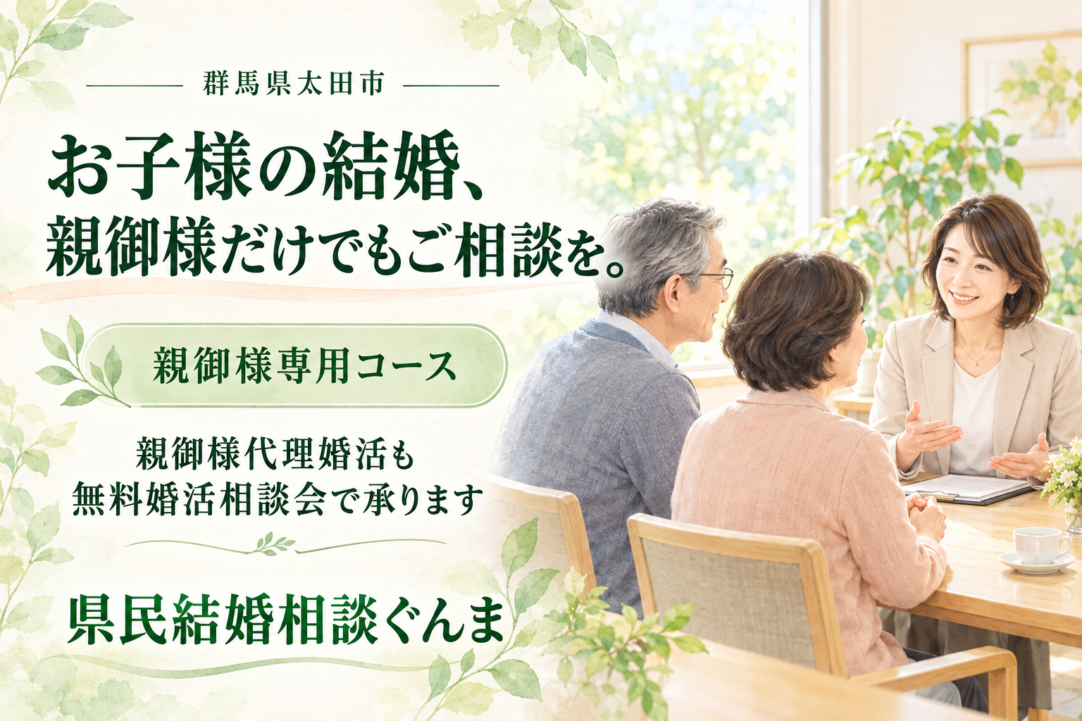 親御様専用コースと親御様代理婚活の無料相談を案内する県民結婚相談ぐんまの画像